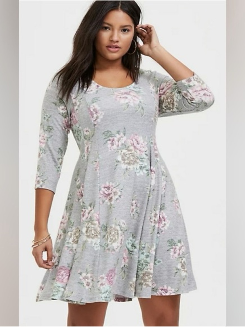 Torrid Super Soft Plush Floral Dress Fit & Flare 3/4 Sleeve Grey Size 1 X